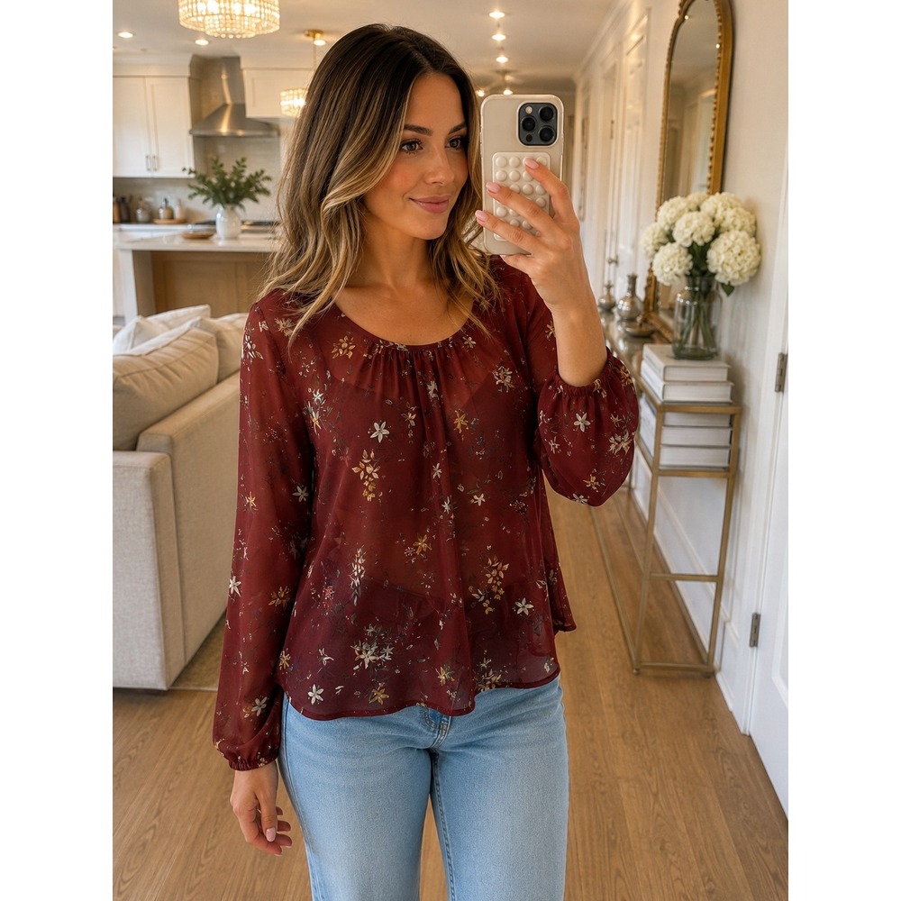 Willow & Clay Burgundy Floral Sheer Twist Back Blouse Large